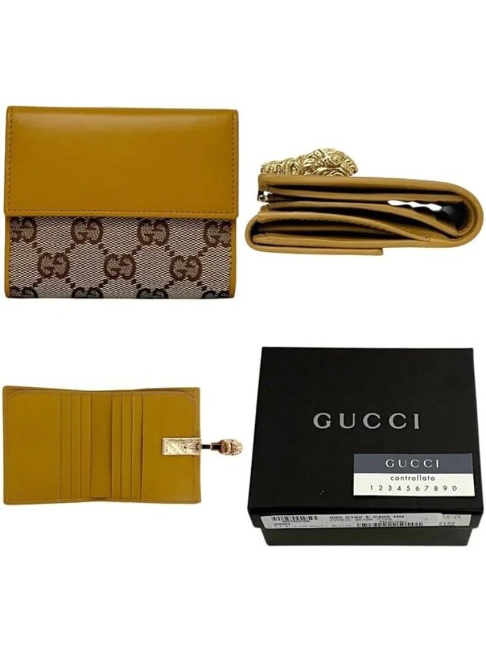Gucci Bifold Wallet Beige Yellow 035 Canvas Leather GG Tiger Compact - Picture 2 of 10
